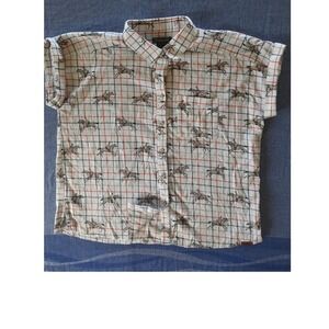 Ariat Women All Over Horse Rider Print Plaid Button Down Short Sleeve Shirt L